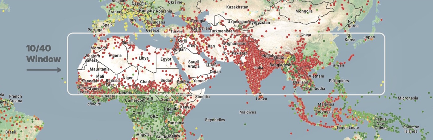 Map of the 10/40 Window, showing dense clusters of unreached people groups from North Africa through the Middle East and across Asia