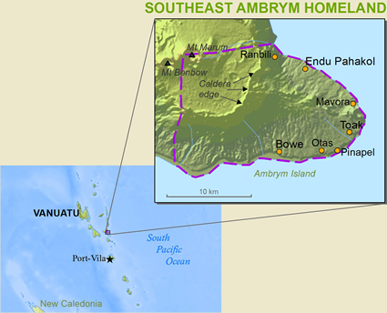 Map of Ambrym, Southeast in Vanuatu