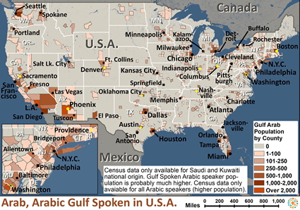 Map of Arab, Arabic Gulf Spoken in United States