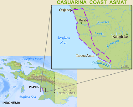 Map of Asmat, Casuarina Coast in Indonesia