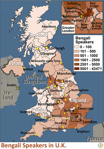 Map of South Asian, Bengali-speaking in United Kingdom