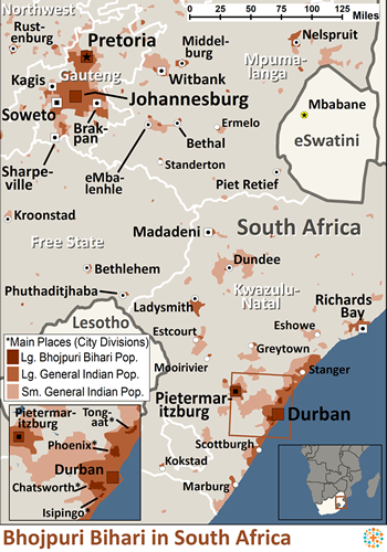 Map of Bhojpuri Bihari in South Africa
