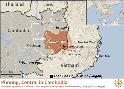 Map of Mnong, Central in Cambodia