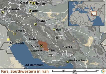 Map of Fars, Southwestern in Iran