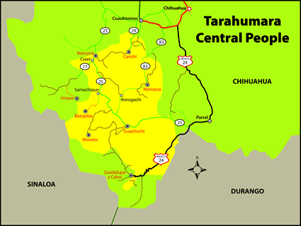 Map of Tarahumara, Central in Mexico