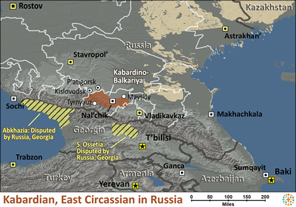 Map of Kabardian, East Circassian in Russia