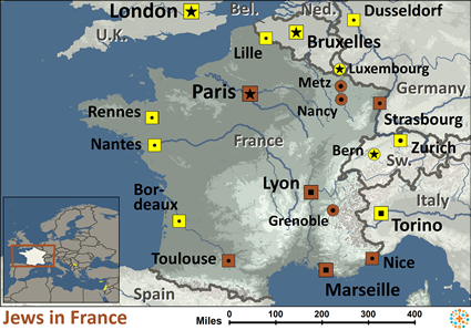 Map of Jewish, French in France