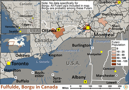 Map of Fulfulde, Borgu in Canada