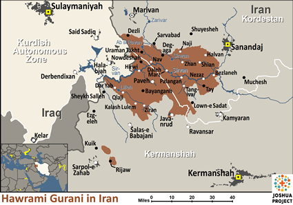 Map of Gurani, Hawrami in Iran