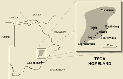Map of Tshara-Tshao in Botswana
