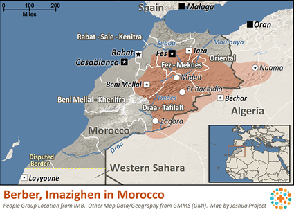Map of Berber, Tamazight in Morocco