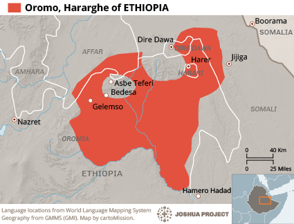 Map of Oromo, Hararghe in Ethiopia