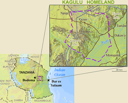 Map of Kagulu, Northern Sagara in Tanzania
