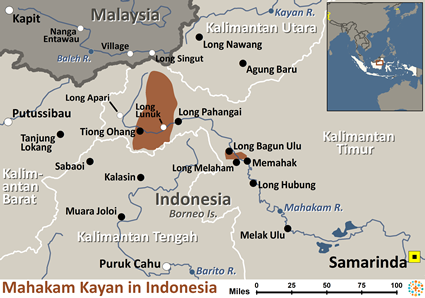 Map of Kayan, Mahakam in Indonesia