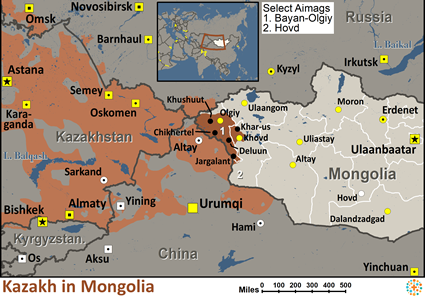 Map of Kazakh, Qazaq in Mongolia