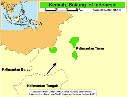 Map of Kenyah, Kelinyau in Indonesia