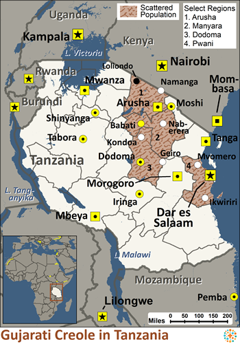 Map of Gujarati Creole in Tanzania