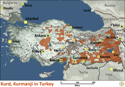 Map of Kurd, Kurmanji in Türkiye (Turkey)