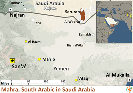 Map of Mahra, South Arabic in Saudi Arabia