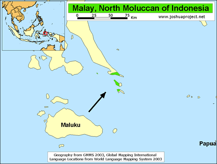 Map of Malay, North Moluccan in Indonesia