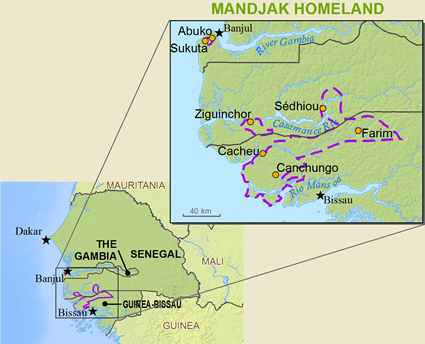 Map of Mandyak, Manjago in Gambia