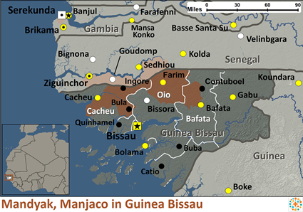 Map of Mandyak, Manjago in Guinea-Bissau