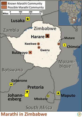 Map of Jewish, Marathi-speaking in Zimbabwe