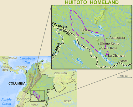 Map of Huitoto, Meneca in Colombia