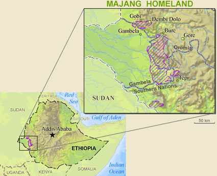Map of Majang in Ethiopia