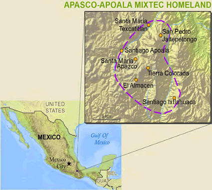 Map of Mixteco, Apasco y Apoala in Mexico