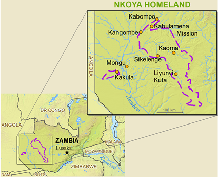 Map of Nkoya, Lambya in Zambia