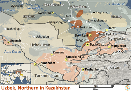 Map of Uzbek, Northern in Kazakhstan