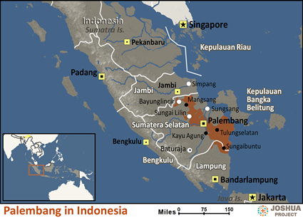 Map of Palembang in Indonesia