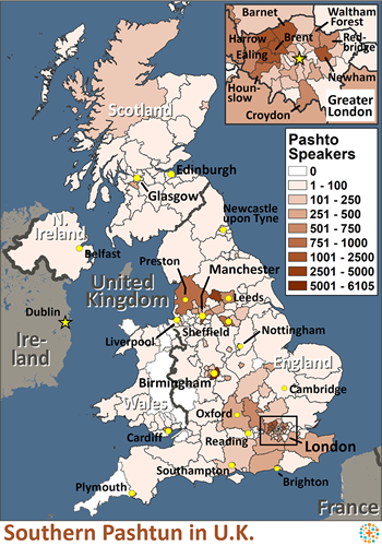Map of Pashtun, Southern in United Kingdom
