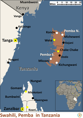Map of Swahili, Pemba in Tanzania