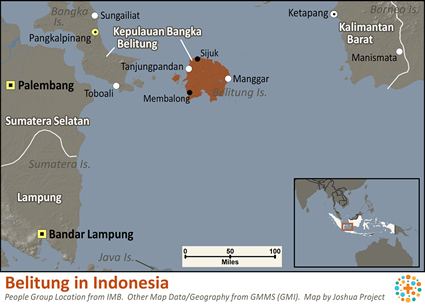Map of Belitung in Indonesia