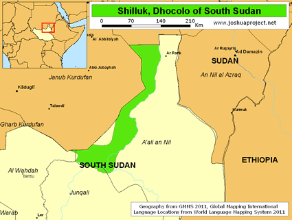 Map of Shilluk, Dhocolo in South Sudan