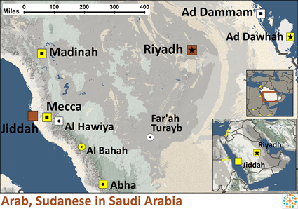Map of Arab, Sudanese in Saudi Arabia