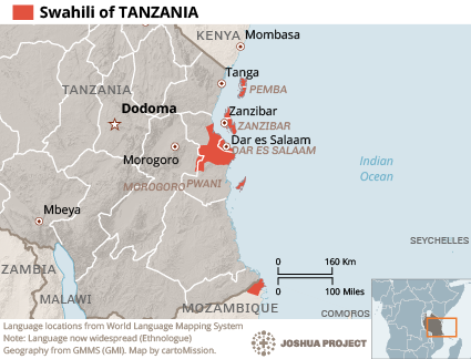 Map of Swahili in Tanzania