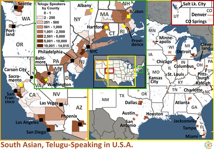 Map of South Asian, Telugu-speaking in United States