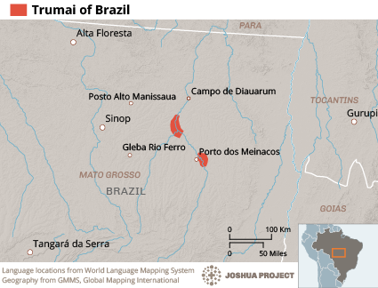 Map of Trumai in Brazil
