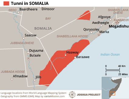 Map of Tunni in Somalia