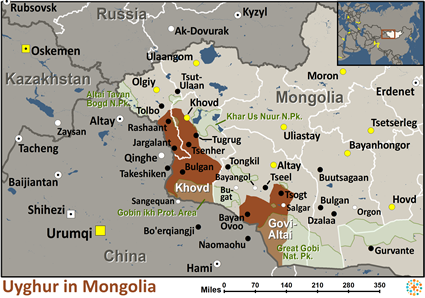 Map of Uyghur in Mongolia