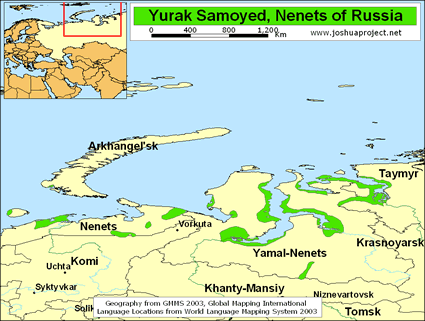 Map of Nenets, Yurak Samoyed in Russia