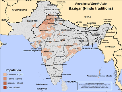 Map of Bazigar (Hindu traditions) in India