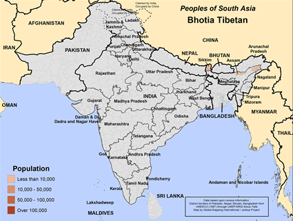 Map of Bhotia Tibetan in India
