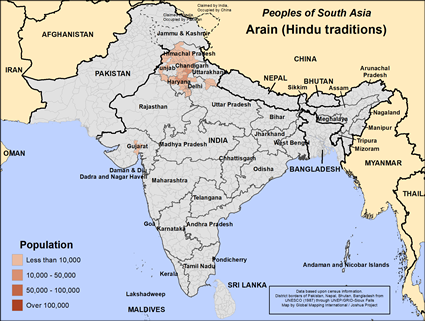 Map of Arain (Hindu traditions) in India