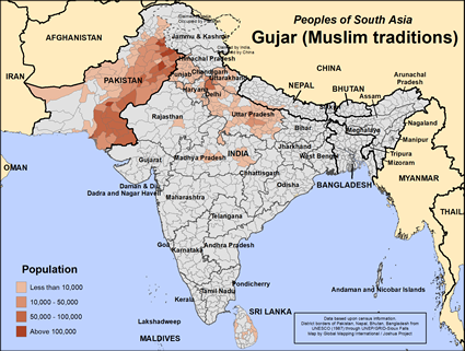 Map of Gujar (Muslim traditions) in India