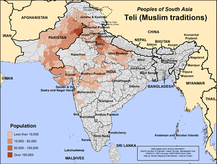 Map of Teli (Muslim traditions) in Pakistan