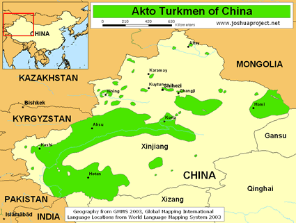 Map of Akto Turkmen in China